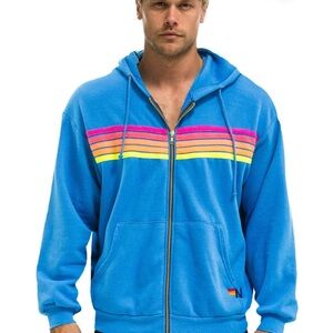 Aviator Nation Blue Zip-Up Sweater with Pink and Yellow Stripes